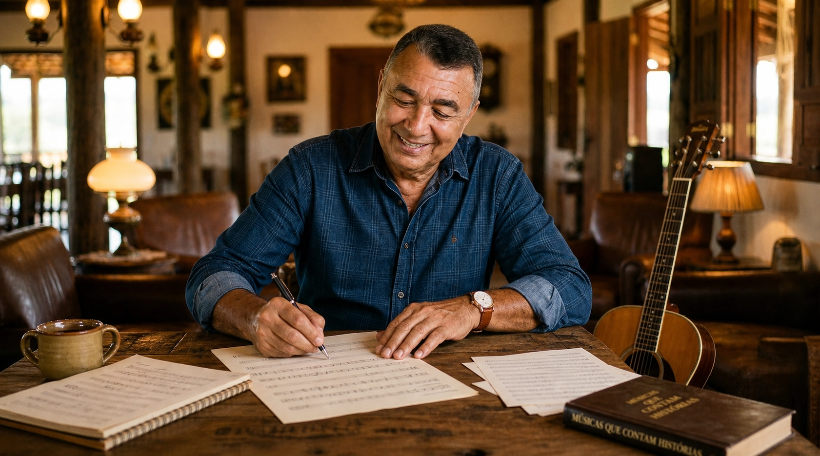 Dr. Ajuricaba compondo músicas em uma mesa com partituras e violão