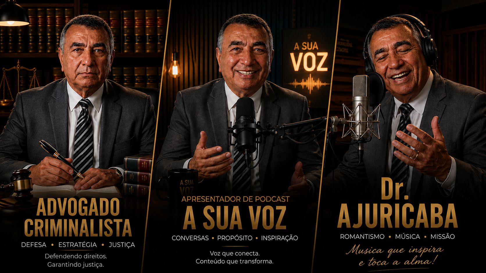 Dr. Ajuricaba como advogado criminalista, apresentador de podcast e cantor